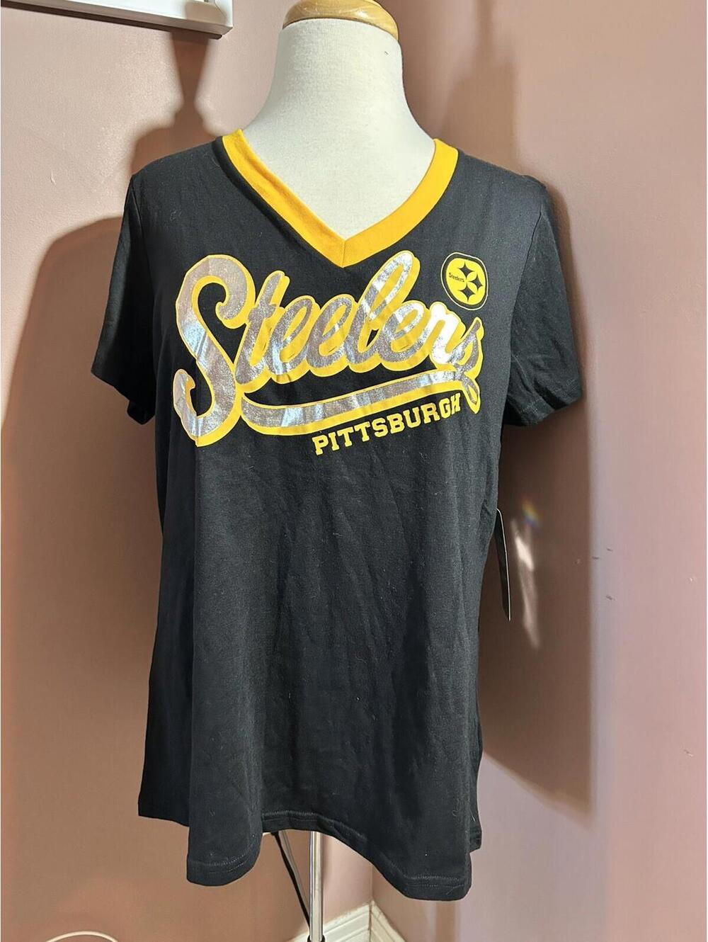 Pittsburgh Steelers NFL Team Apparel Womens 2XL Black V Neck T Shirt New